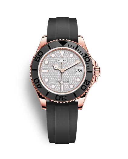 The famous copy Rolex Yacht-Master 37 268655 watches are made from everose gold, diamonds and black rubber straps.