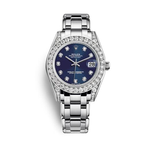 The luxury fake Rolex Pearlmaster 34 81159 watches are made from white gold and diamonds.