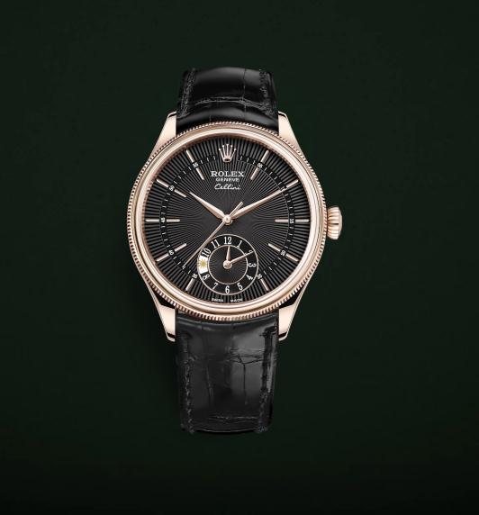 The luxury fake Rolex Cellini Dual Time Zone 50525 watches have black dials.