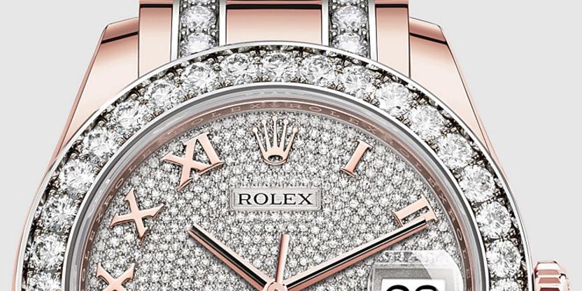 The pink copy Rolex Pearlmaster 39 86285 watches are made from everose gold.