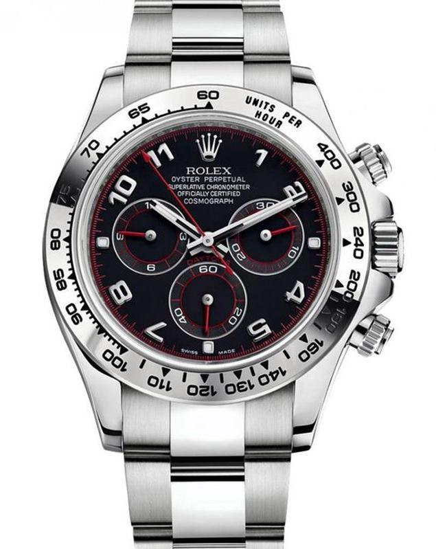 The black dials fake Rolex Cosmograph Daytona watches have Arabic numerals and chronograph sub-dials.