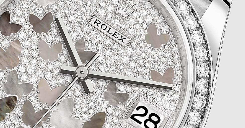 The 31 mm replica Rolex Datejust 31 278289RBR watches have diamond-paved dials with butterfly patterns made from grey and brown mother-of-pearl dials.