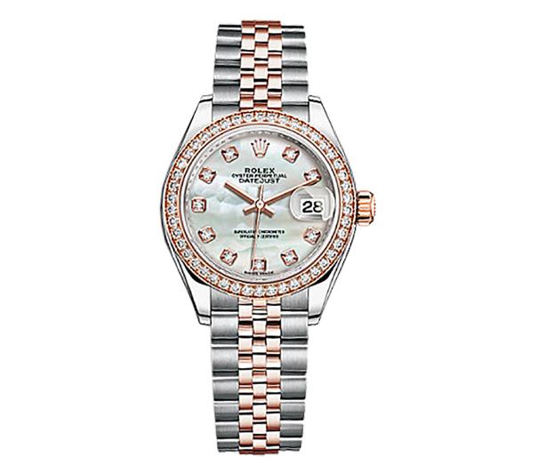 The female copy Rolex Datejust 279381RBR watches are decorated with diamonds.