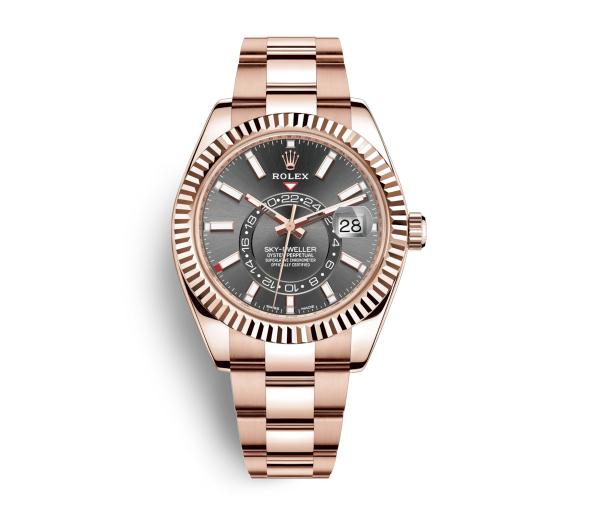 The everose gold fake Rolex Sky-Dweller 326935 watches have grey dials.